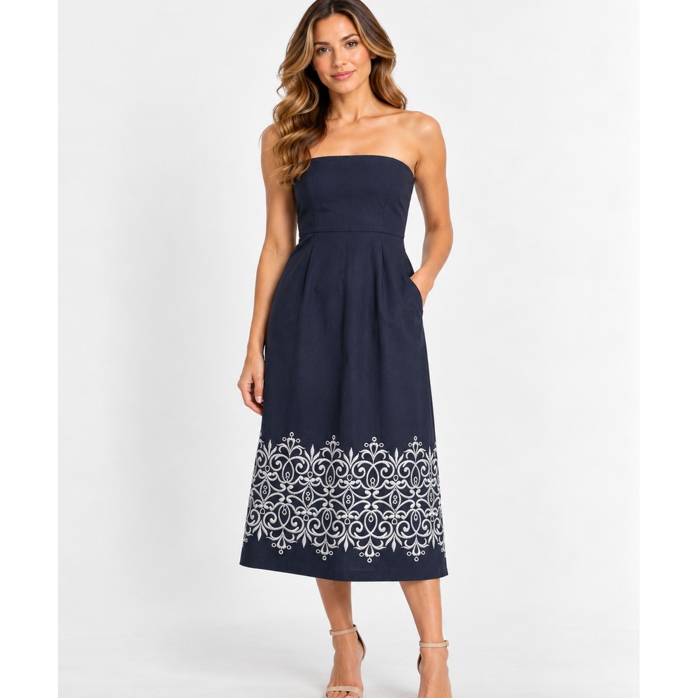 Ann Taylor LOFT Strapless Midi Dress Womens Size 10 Navy Blue Embroidered Eyelet